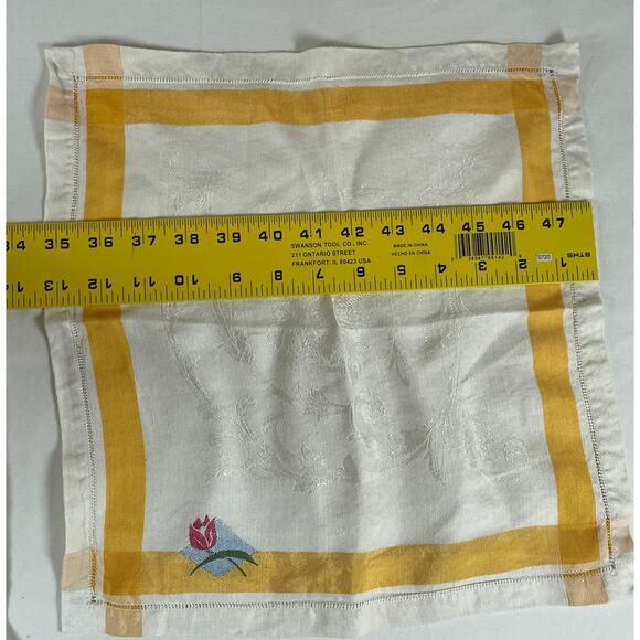 Vintage Set 8 Linen Napkins Cream w/ Yellow Boarder Embroidered Red Rose 14x13 - Picture 12 of 12